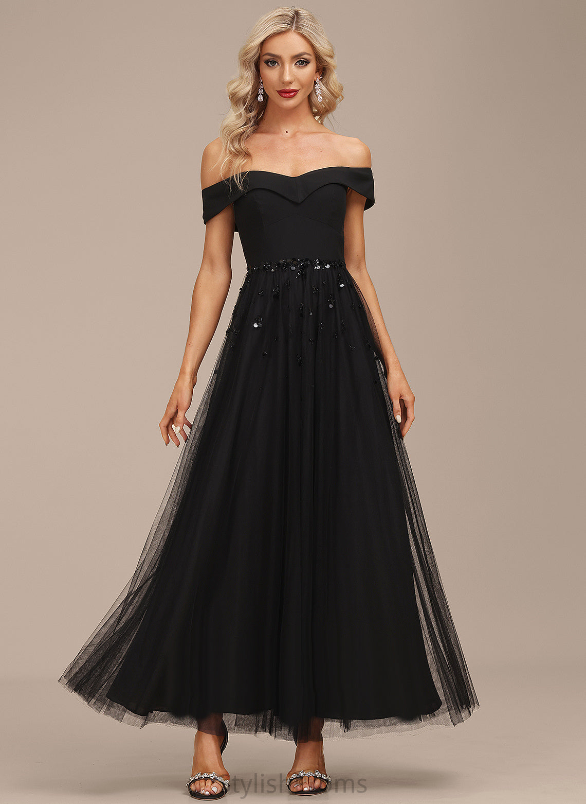 Sequins Cocktail Dresses Off-the-Shoulder A-Line Cocktail With Ankle-Length Dress Chiffon Beading Nathaly Tulle