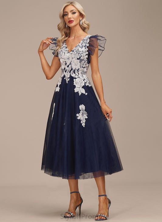 Lace Appliques Dress With A-Line Organza Jillian Cocktail V-neck Tea-Length Cocktail Dresses