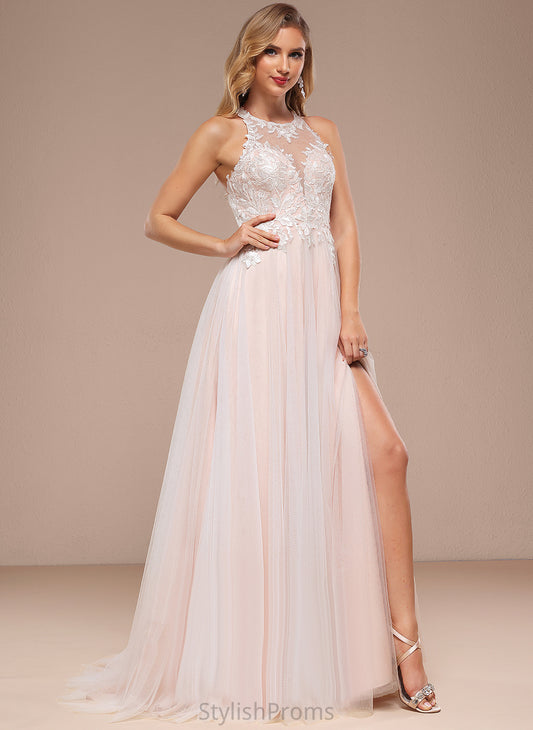 Sequins Dress Halter Jaycee Tulle Lace Wedding With Sweep Beading A-Line Wedding Dresses Train