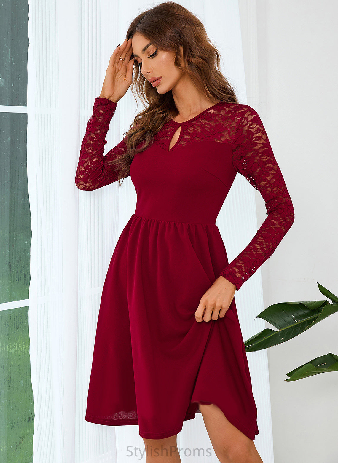 Dresses Neck Club Dresses Long Elva Elegant Blends Cotton Mini Round A-line Lace Sleeves