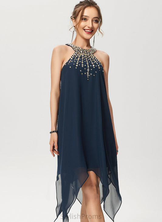 A-Line Asymmetrical Scoop Dress Lizbeth Cocktail Dresses Cocktail With Chiffon Neck Beading