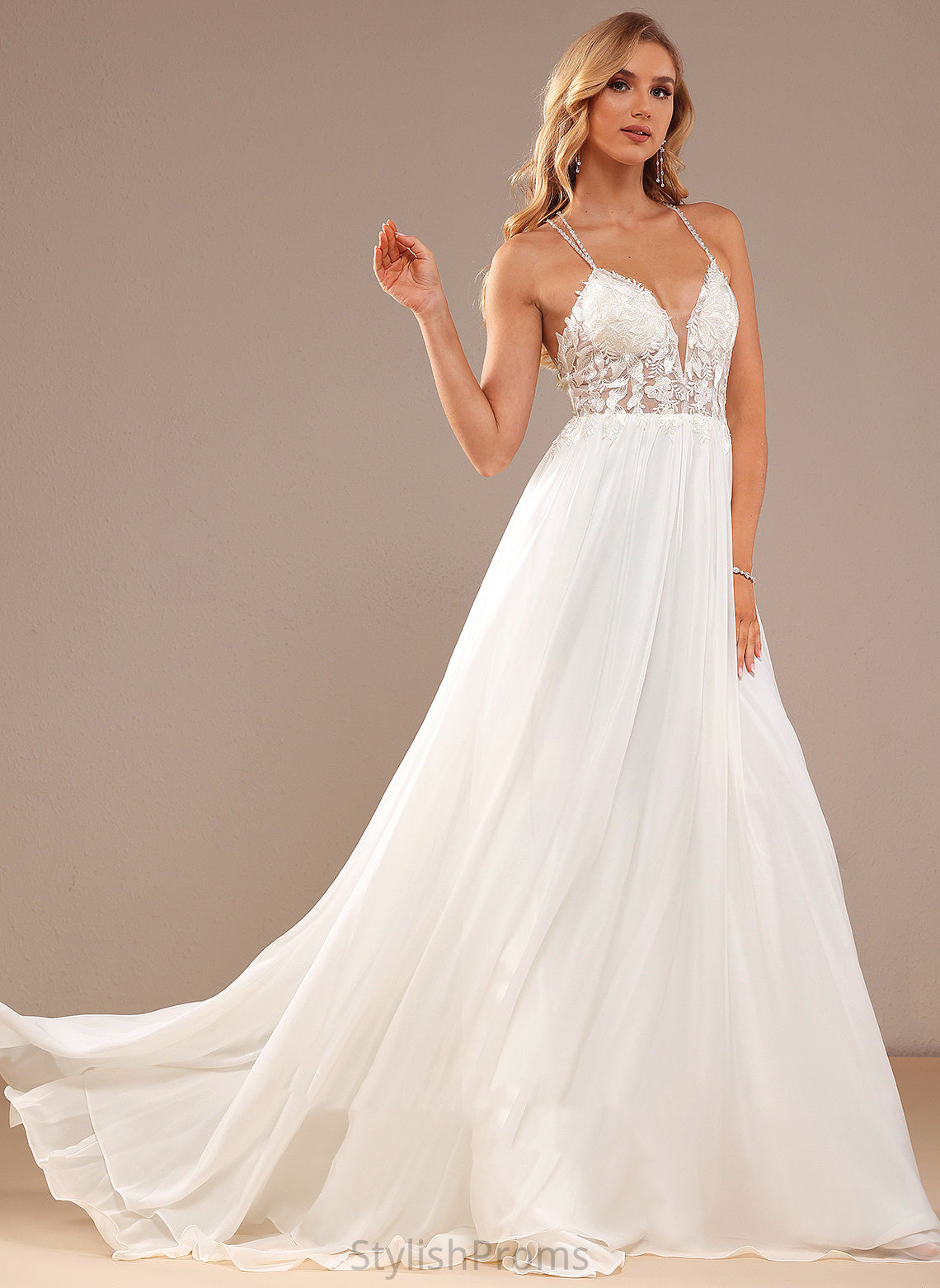 Beading Sweep Lace With Dress Wedding Lace Train Chiffon Sequins Cherish A-Line V-neck Wedding Dresses