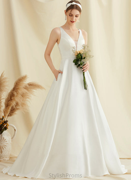 Wedding With Train Satin Wedding Dresses Dress Ball-Gown/Princess V-neck Pockets Sweep Mandy Lace