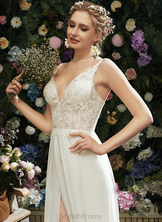 Dress Split Floor-Length Front Megan Wedding Wedding Dresses V-neck With A-Line Lace