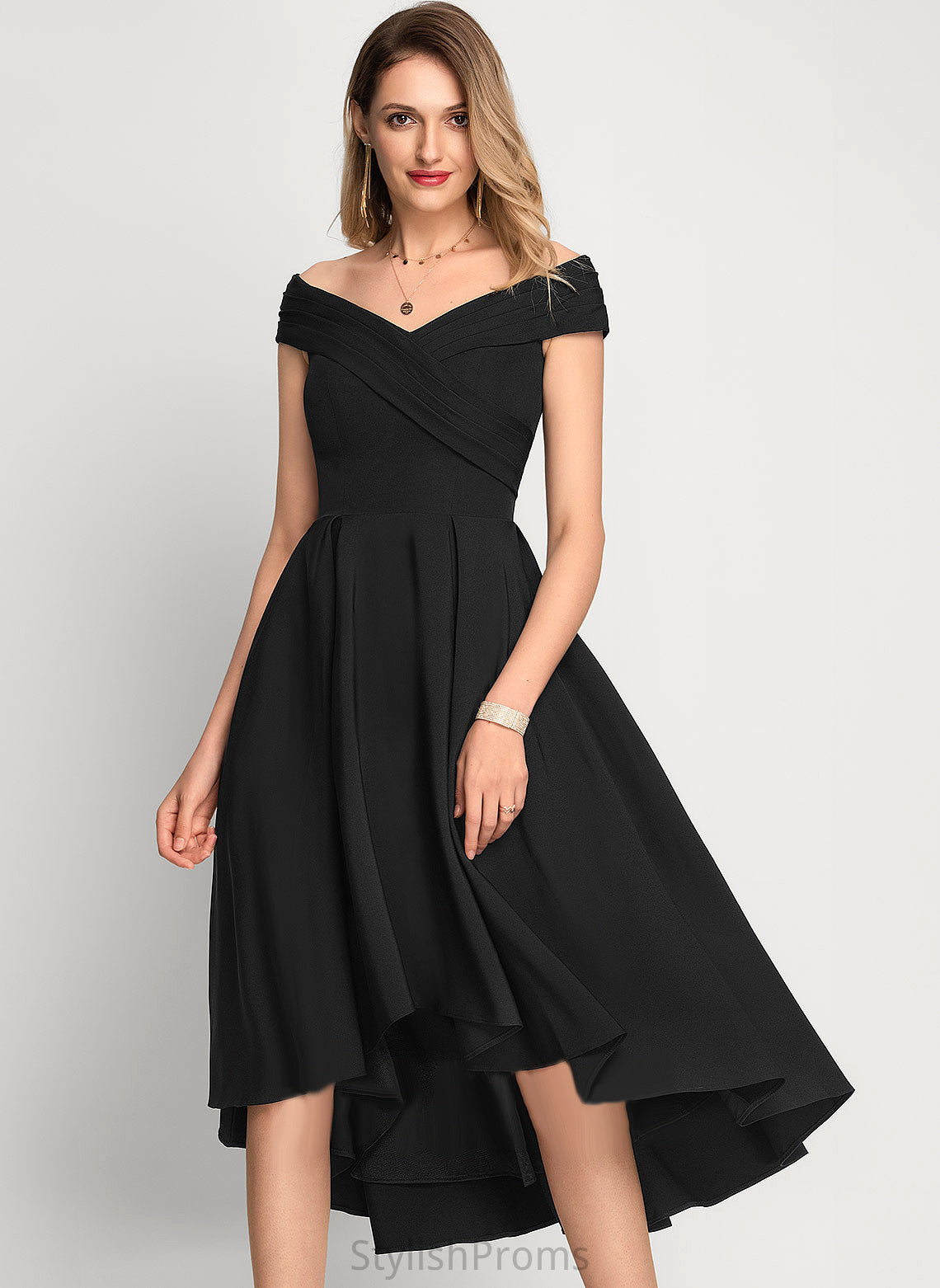 Sadie A-Line Cocktail Crepe Off-the-Shoulder Asymmetrical Dress Stretch Cocktail Dresses