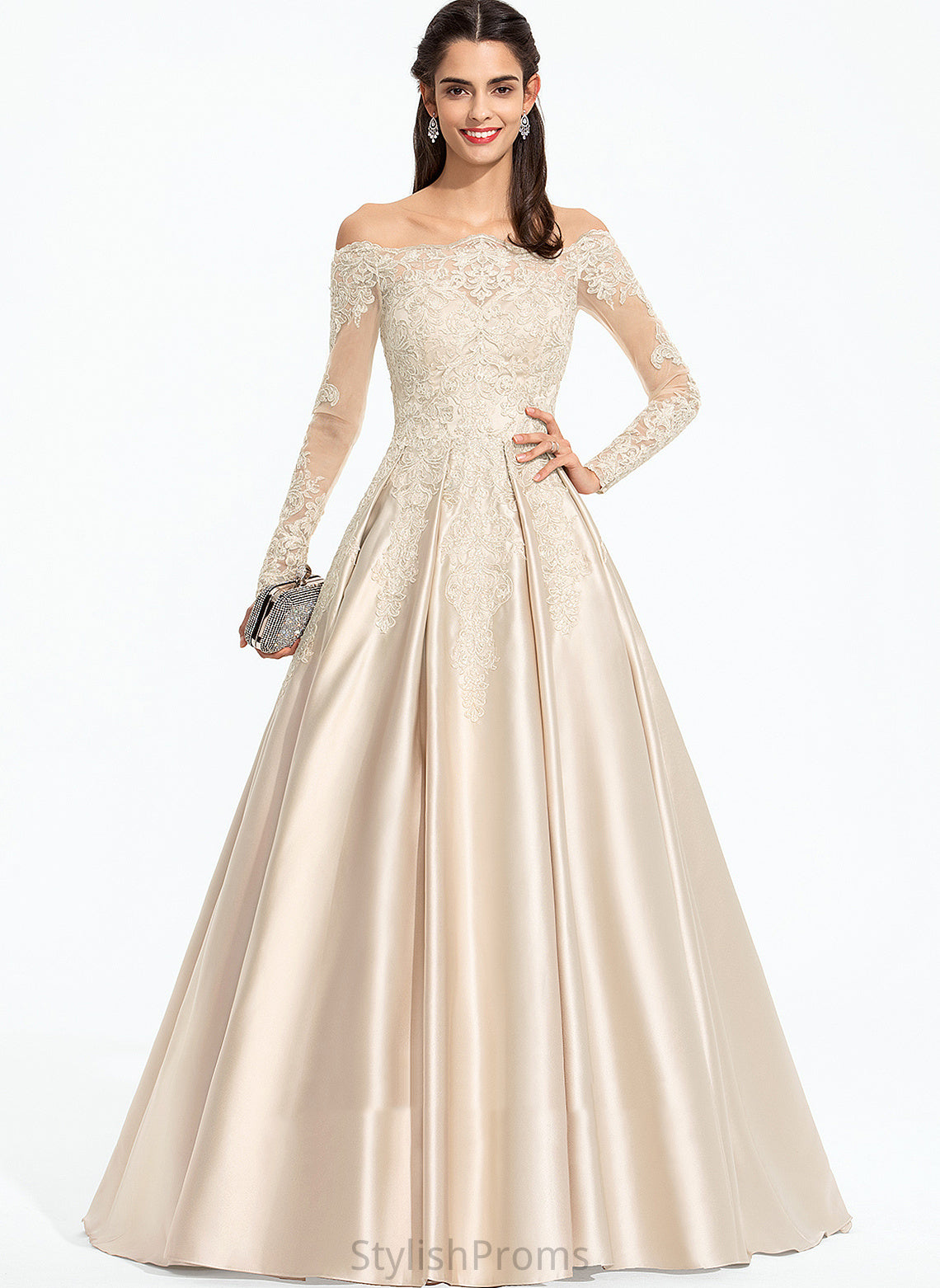 Off-the-Shoulder Sequins Ball-Gown/Princess With Satin Train Lace Prom Dresses Sweep Nancy