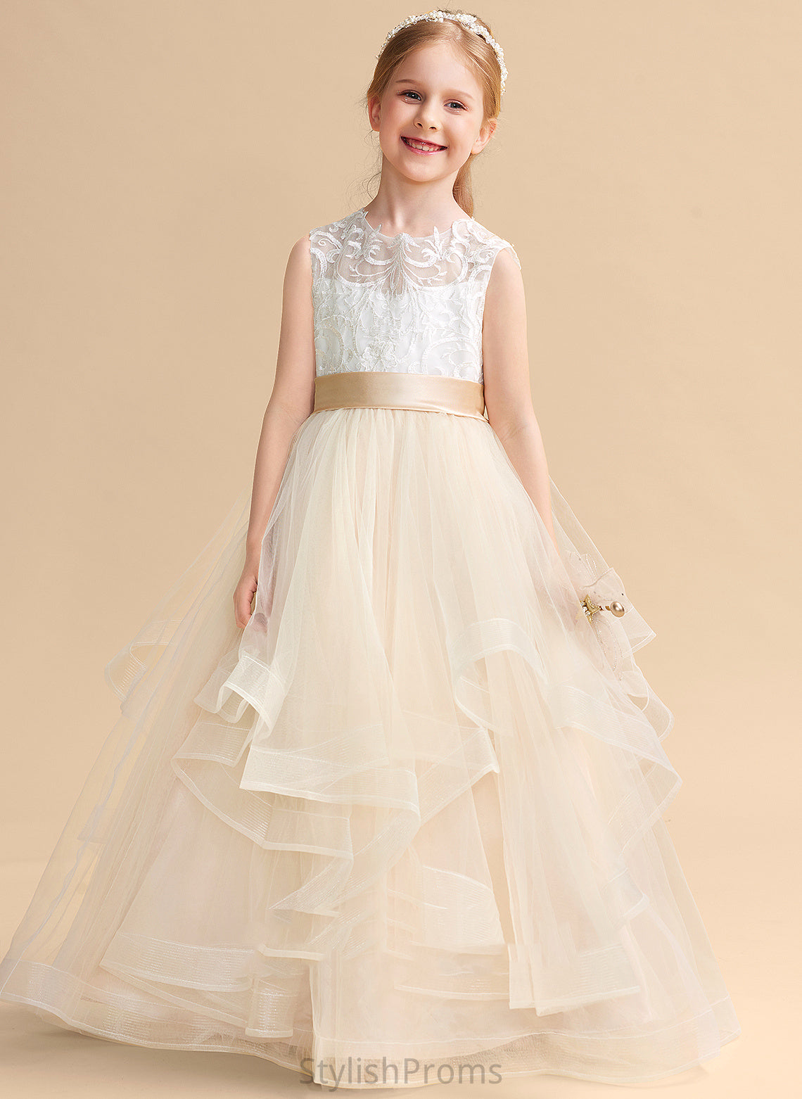 Ball-Gown/Princess Flower Floor-length Neck Flower Girl Dresses Girl - Tulle/Lace Scoop Sleeveless Campbell Dress