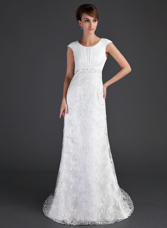 With Caroline Lace Dress Court Scoop Wedding Beading Neck Wedding Dresses Train Ruffle Sheath/Column