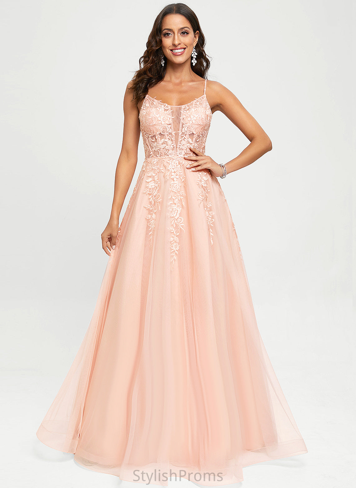 A-Line Prom Dresses Scoop Abagail With Floor-Length Lace Tulle Sequins