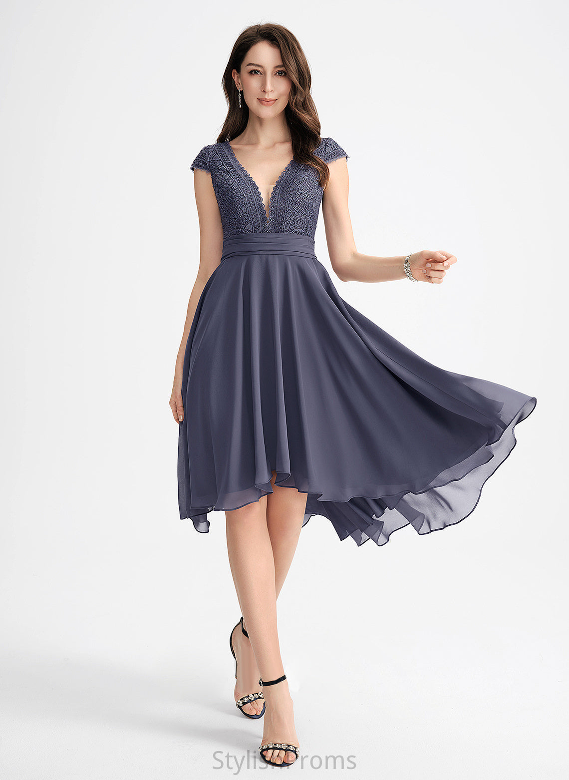 A-Line Asymmetrical Lace Cocktail Dresses Cocktail V-neck Dress Malia With Chiffon Pleated