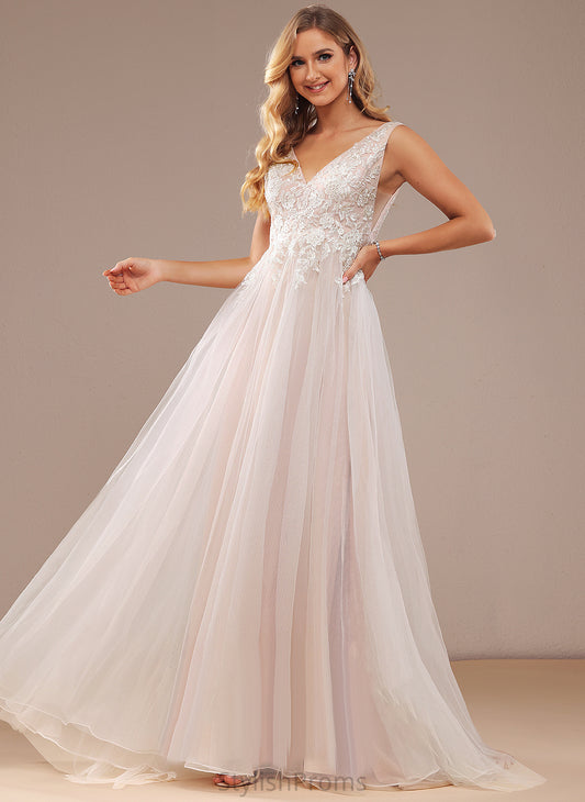 V-neck Wedding Dresses Tulle Dress Lace Sweep Wedding Lace With Train Keely Ball-Gown/Princess