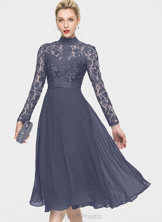 Cocktail High Dress Tea-Length Neck Cocktail Dresses Kaiya A-Line Lace Chiffon