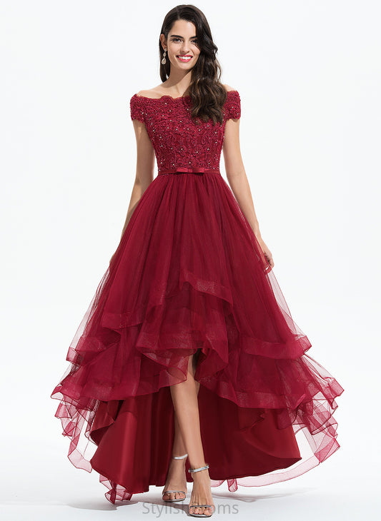 Bow(s) Tulle Beading A-Line Off-the-Shoulder Sequins Lace Prom Dresses With Asymmetrical Paola