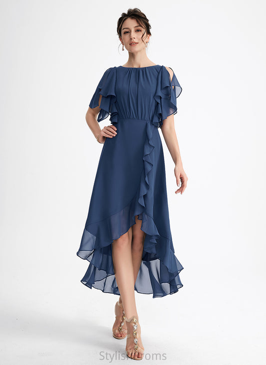 With Cascading Asymmetrical Chiffon A-Line Cocktail Dress Scoop Ruffles Neck Viviana Cocktail Dresses