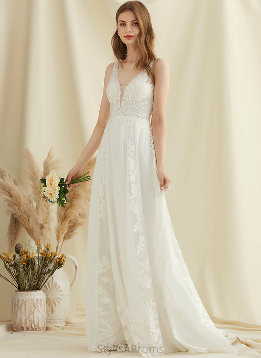 Train V-neck Dress A-Line Sequins Chiffon Lace Urania Wedding Dresses With Wedding Sweep