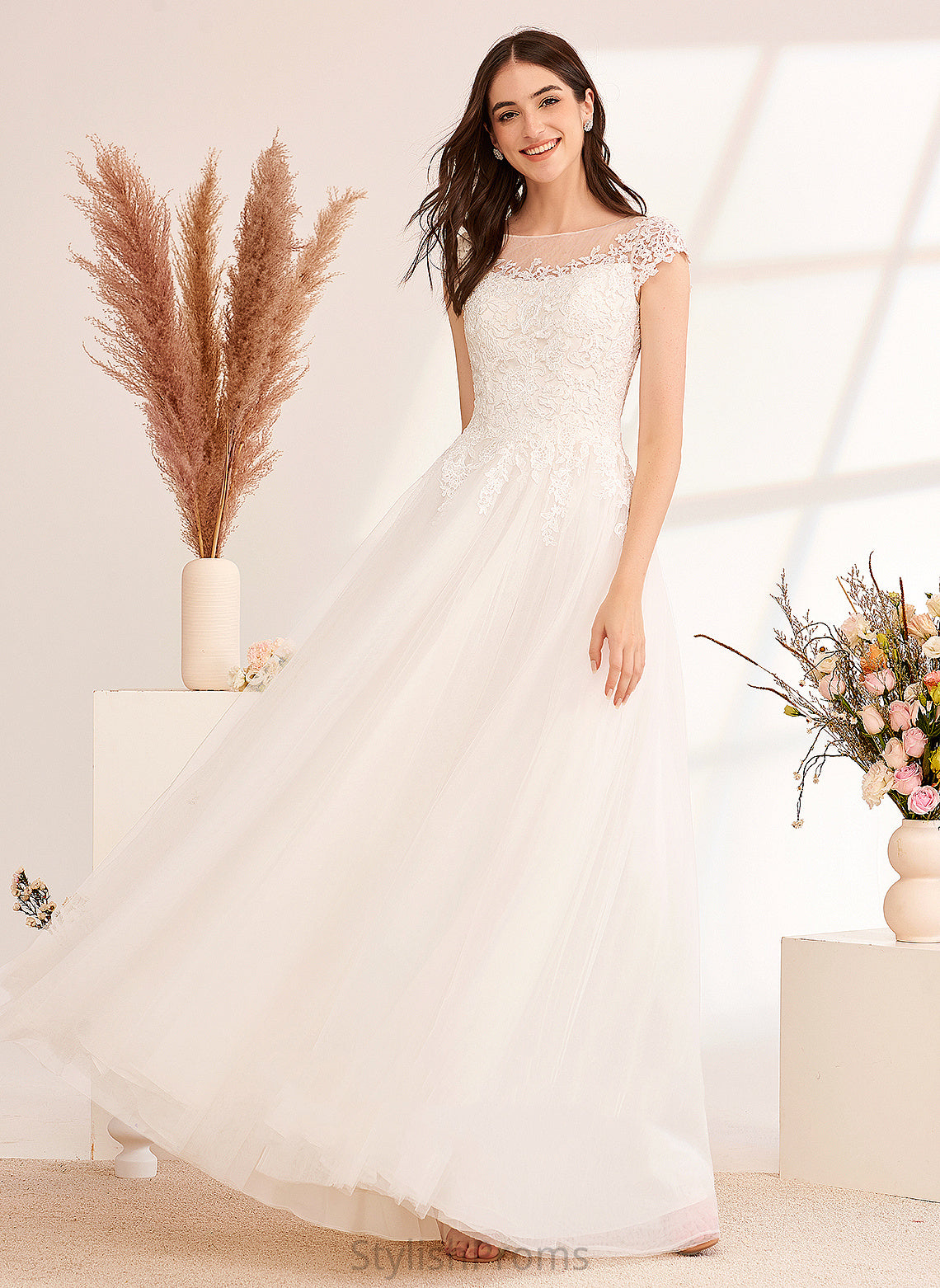 Lace Ball-Gown/Princess Illusion Dress Wedding Georgia Tulle Floor-Length With Wedding Dresses Lace