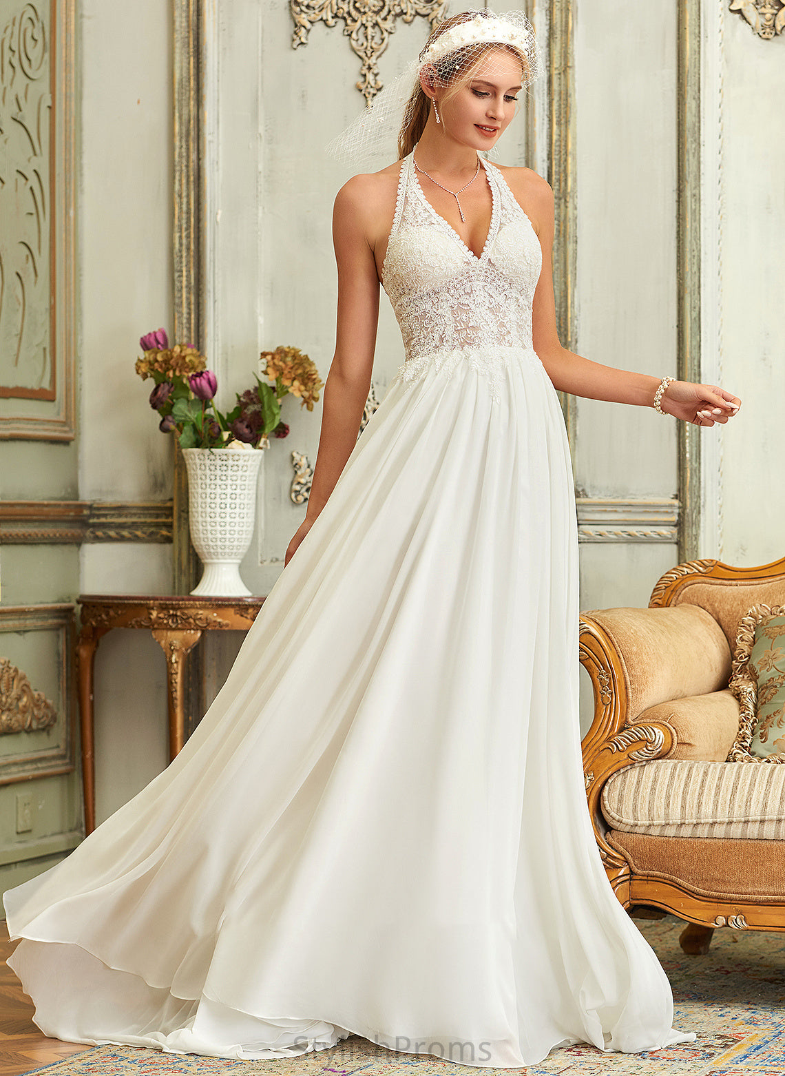 Essence Sweep A-Line Wedding Dresses Chiffon Dress Halter Wedding Lace Train