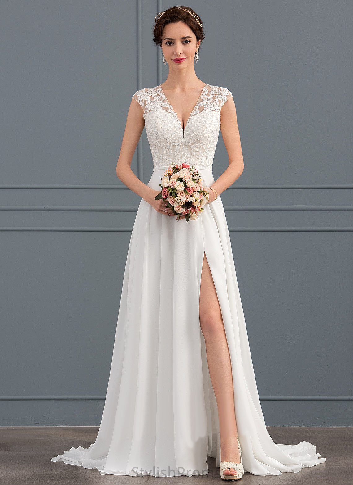 With V-neck Front Lace Dress A-Line Alexia Chiffon Wedding Wedding Dresses Split Train Sweep