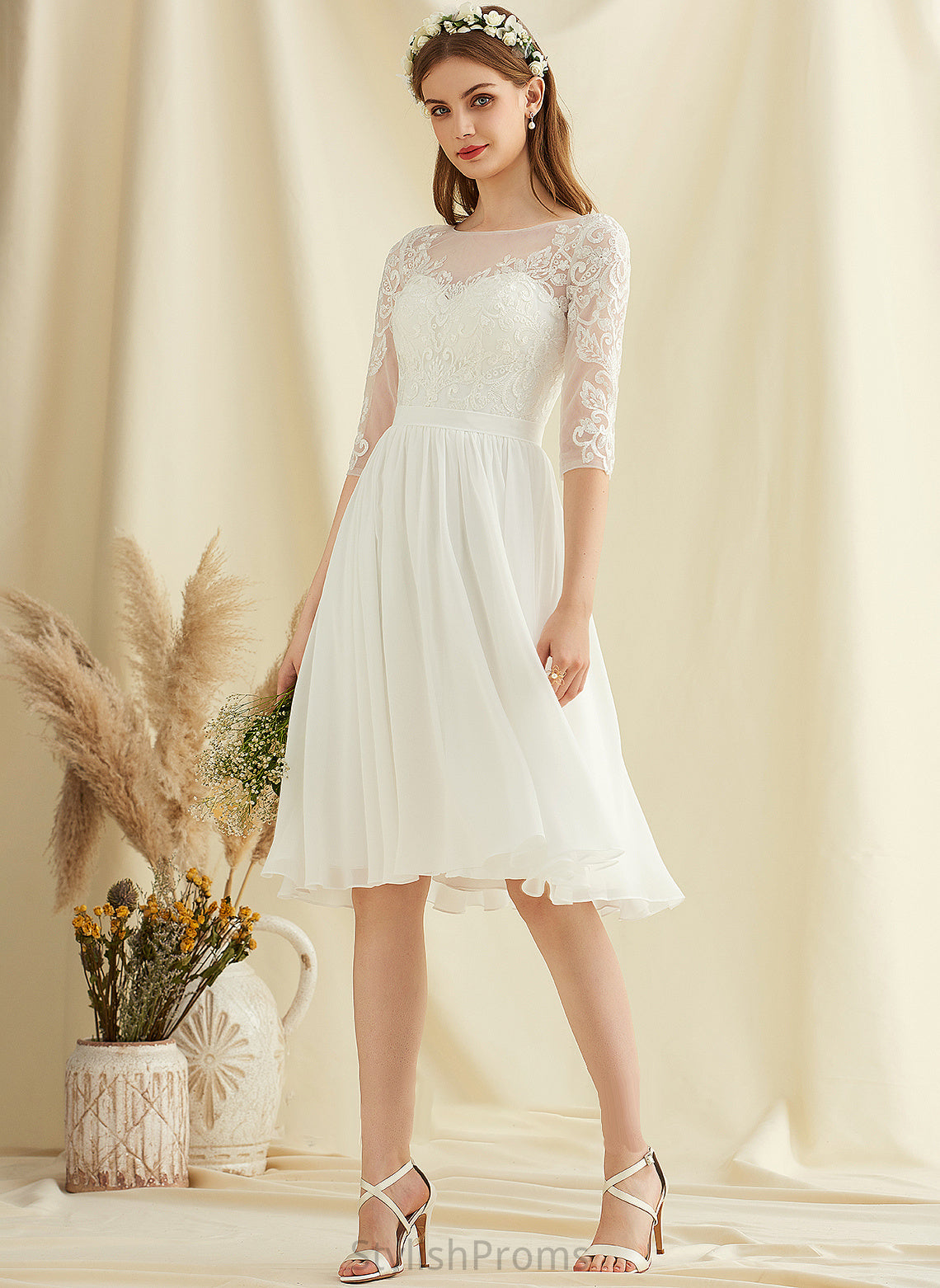 Estrella Sequins Dress Chiffon Wedding Dresses A-Line With Knee-Length Lace Wedding