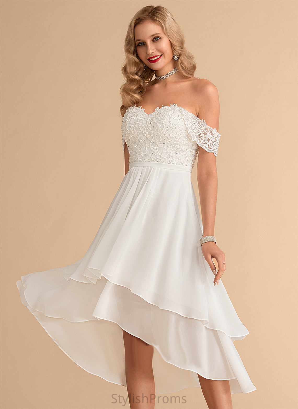 Wedding Dress Lace Beading Annabella With Off-the-Shoulder Asymmetrical Chiffon A-Line Sequins Wedding Dresses