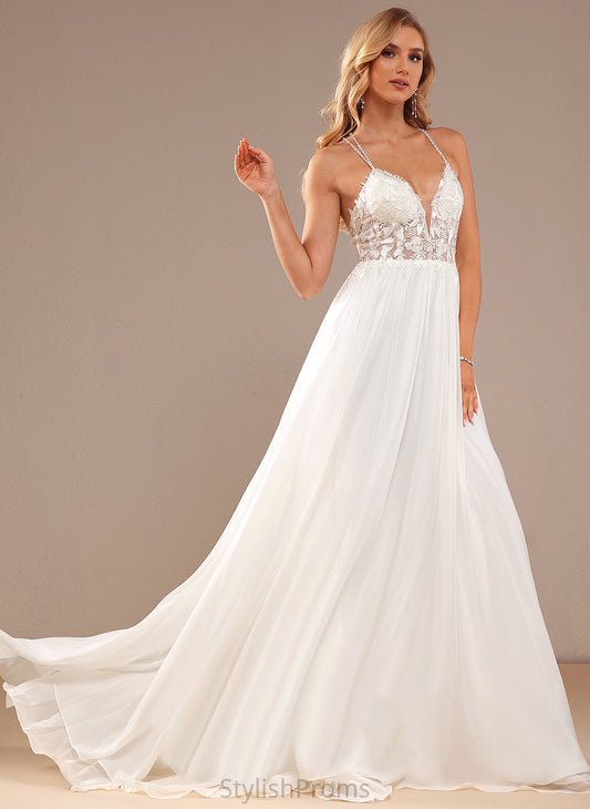 Train Sequins V-neck Wedding Dresses Lace Wedding Beading Chiffon Kailee A-Line Sweep Dress With