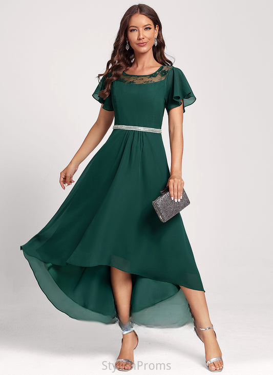 A-line Club Dresses Lace Rosalie Beading Short Chiffon Sleeves Round Neck Dresses Asymmetrical