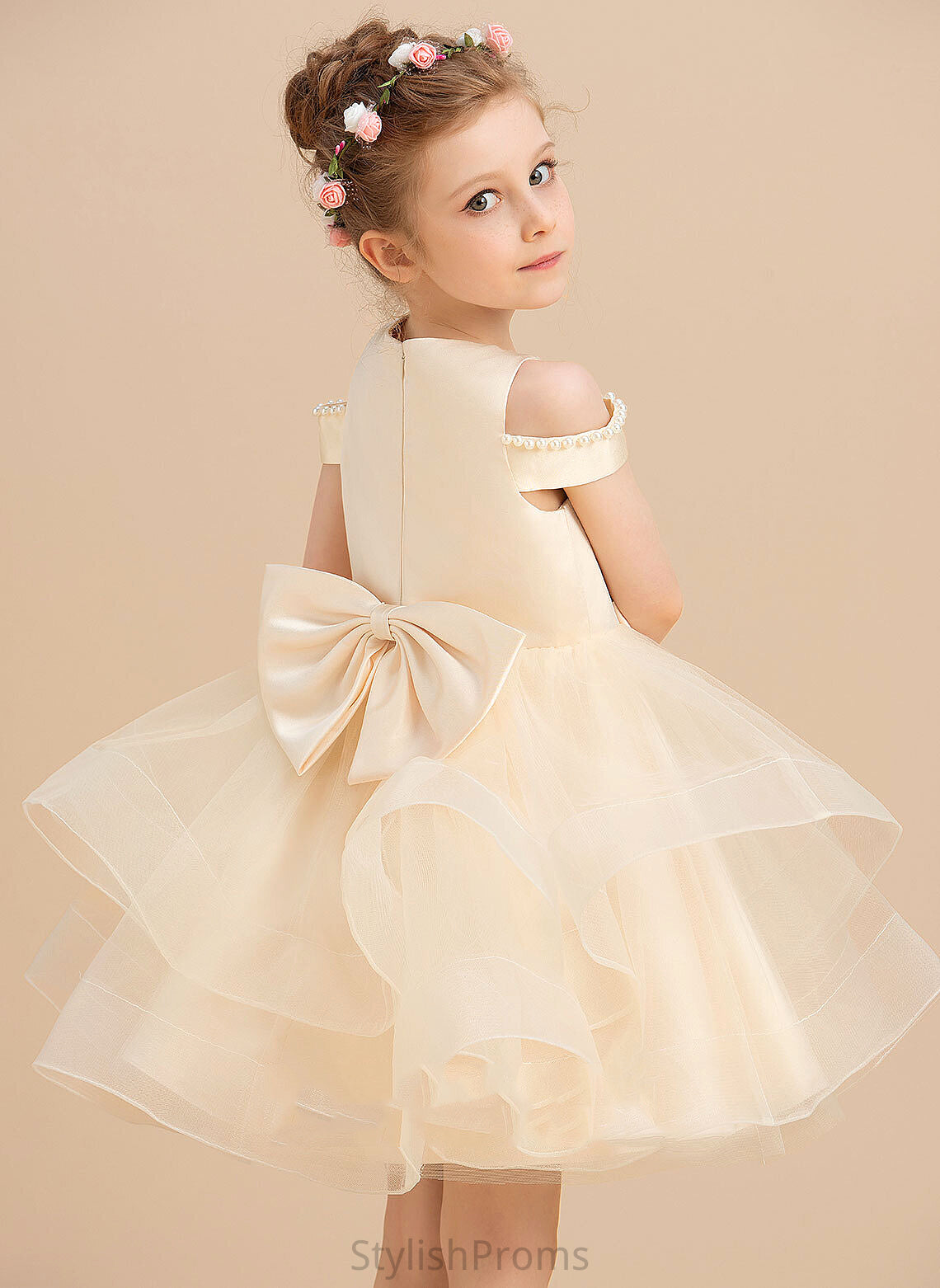 Karma Ball-Gown/Princess Girl Satin/Tulle Sleeveless Beading/Bow(s) Flower Dress Flower Girl Dresses Knee-length - With Neck Scoop