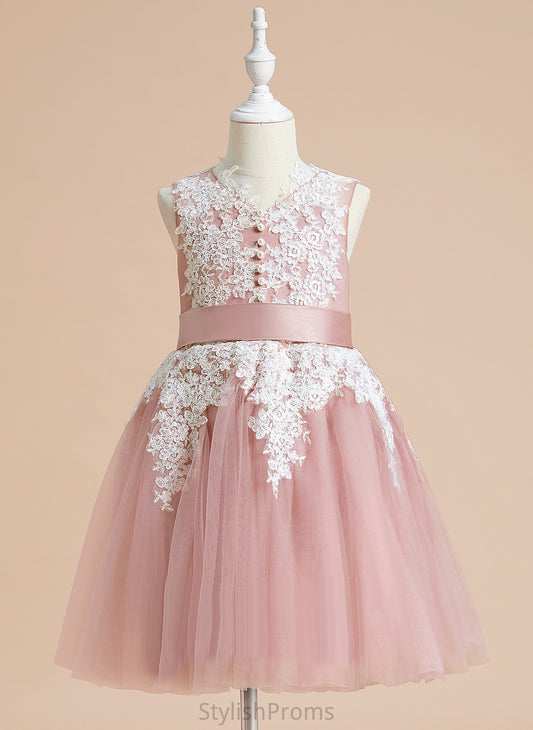 Flower Girl Dresses Bow(s) - Tulle/Lace Alexia V-neck Knee-length Girl Sleeveless Dress Flower A-Line With