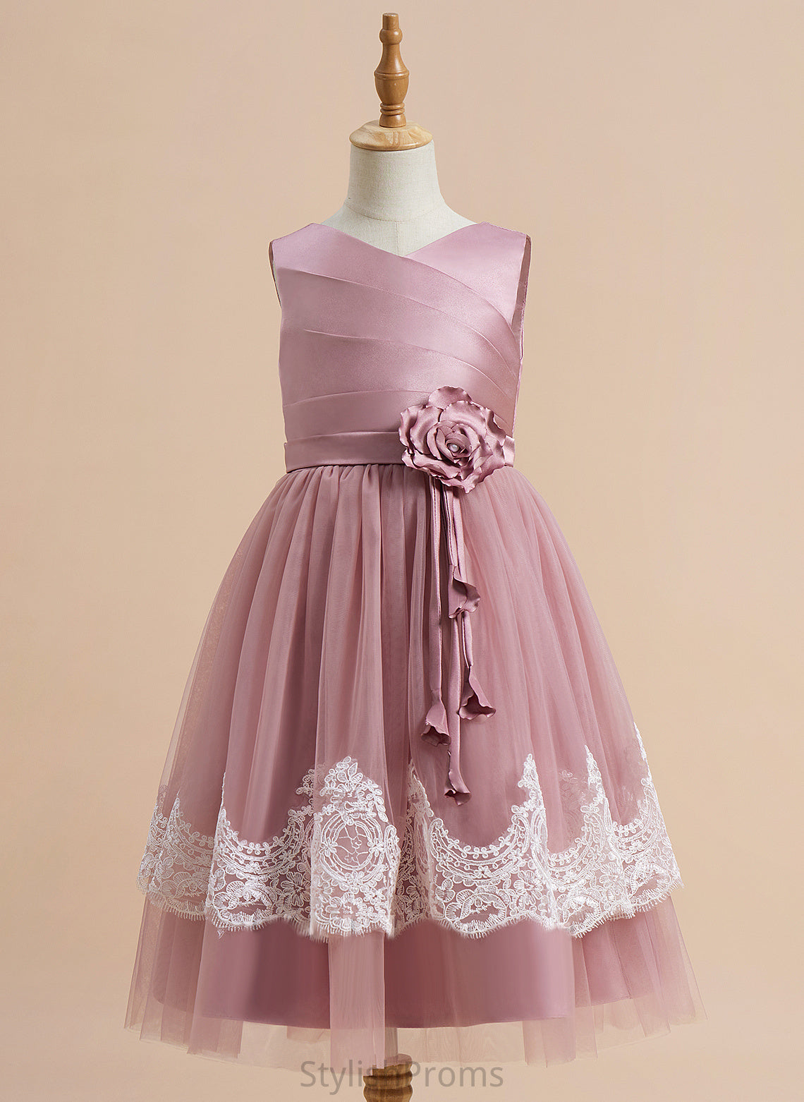 Sleeveless Girl Flower Girl Dresses Knee-length Dress Satin/Tulle With A-Line Back Lace/Flower(s)/Bow(s)/Pleated/V - V-neck Ximena Flower