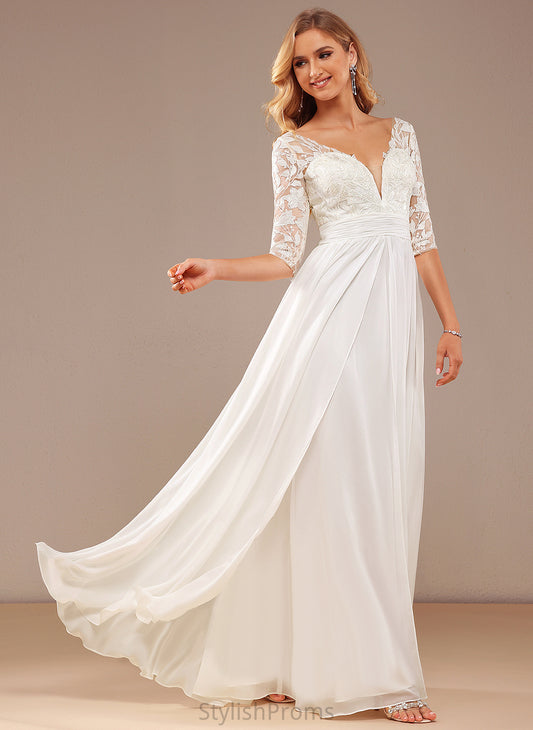 Wedding Wedding Dresses V-neck Ruffle Floor-Length Lace A-Line Sophronia Sequins Dress With Chiffon