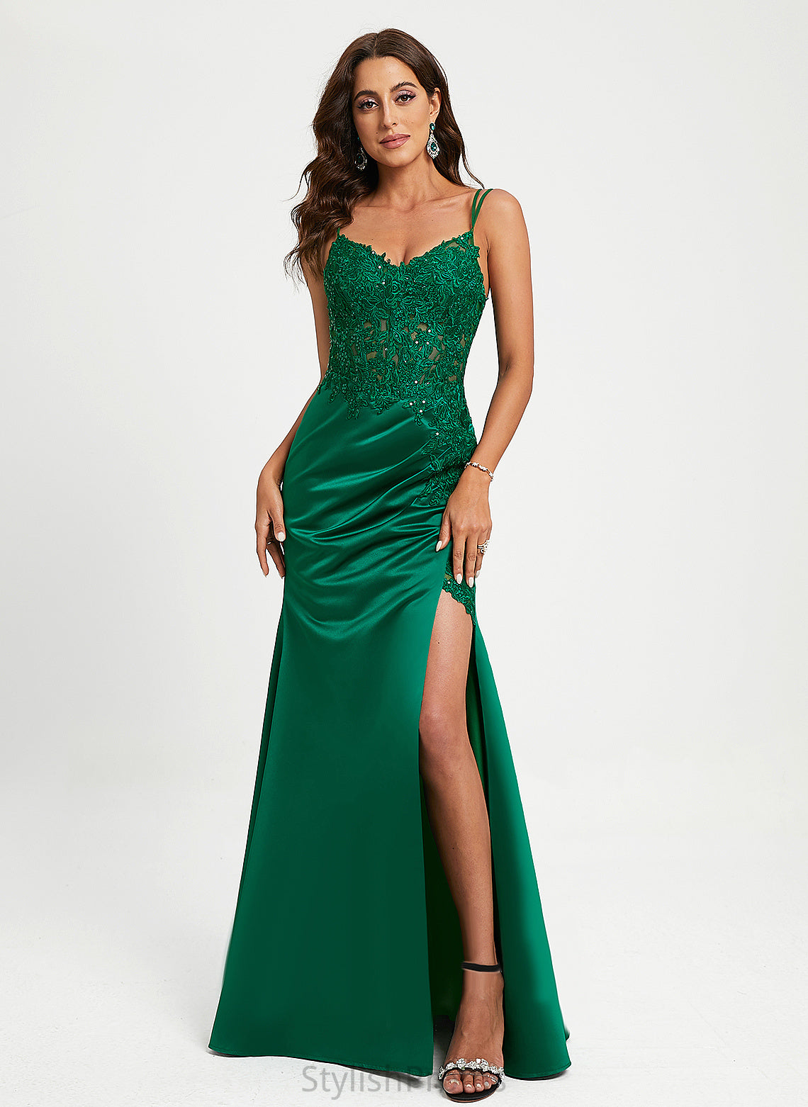 Lace Sequins Satin Sheath/Column Floor-Length V-neck Genevieve With Prom Dresses