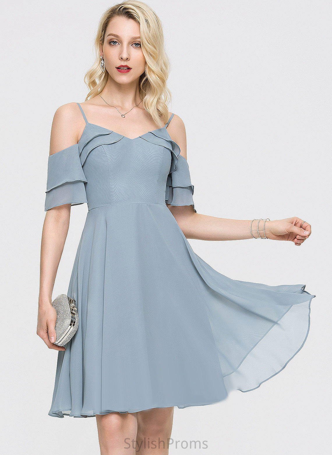 V-neck Chiffon Cascading Itzel Cocktail With Knee-Length Cocktail Dresses A-Line Dress Ruffles