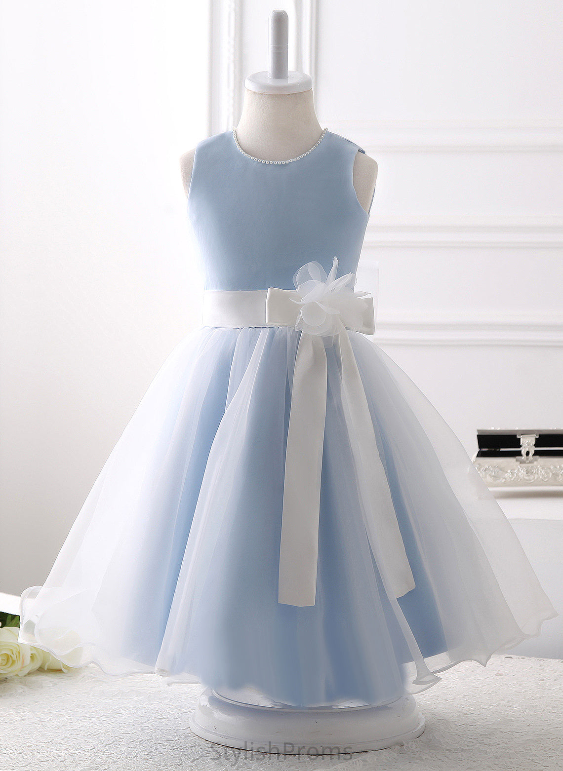 Dress Flower Organza Scoop With Beading/Flower(s)/Bow(s) Sleeveless Neck Girl Flower Girl Dresses A-Line Val Knee-length -