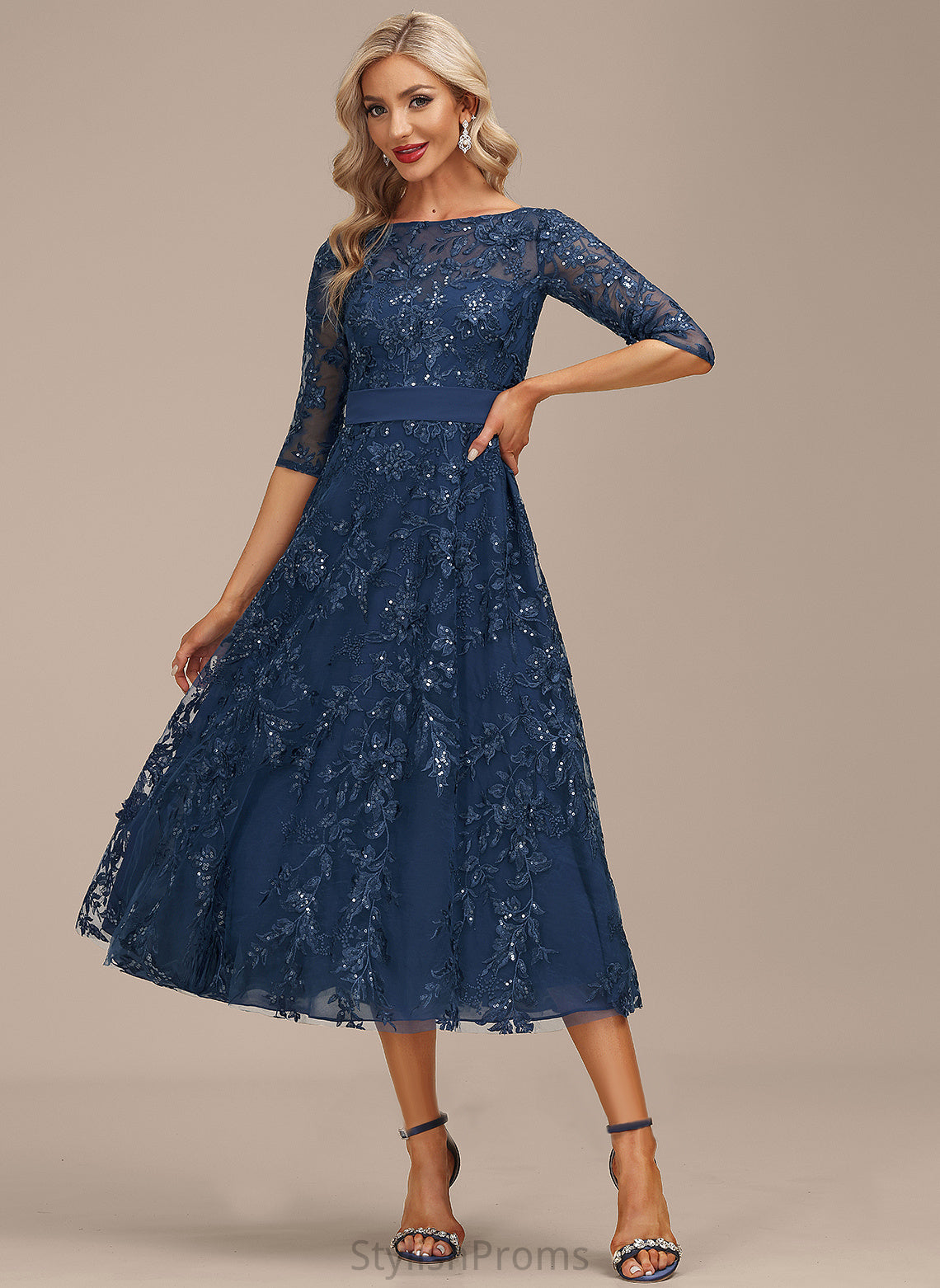 Cocktail Scoop Lace Chiffon Cocktail Dresses A-Line Sequins Tea-Length Neck Dress With Alivia