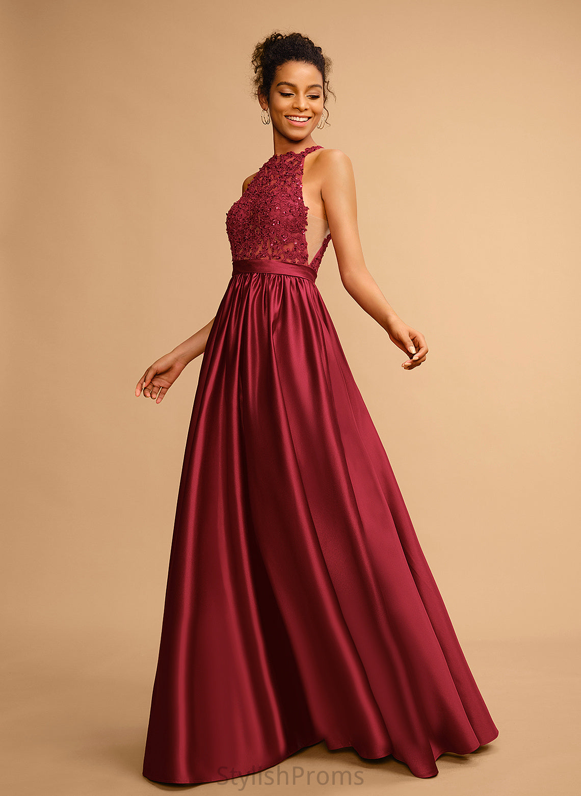 With Ball-Gown/Princess Lace Floor-Length Satin Prom Dresses Sequins Tamara Halter