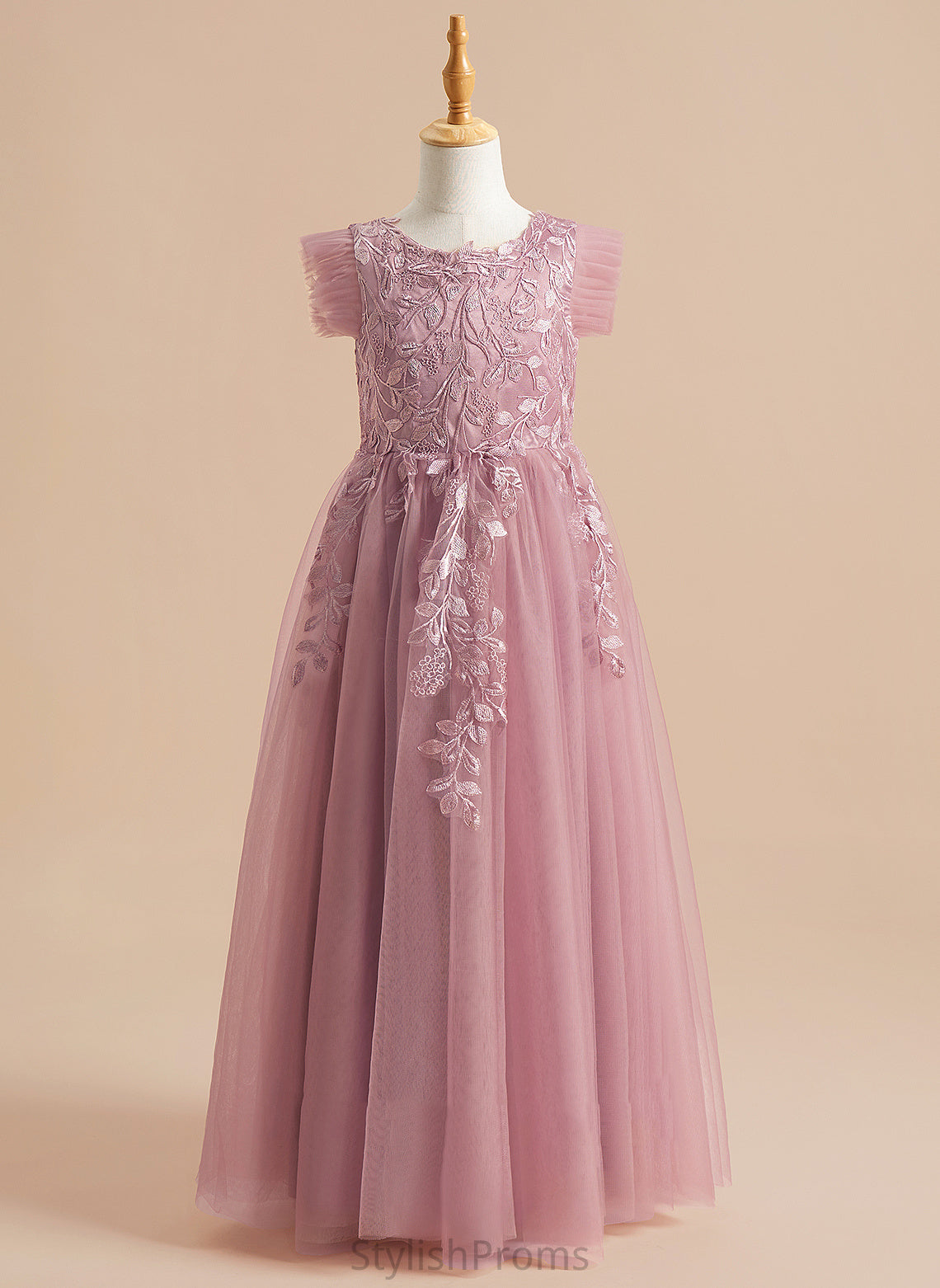 Short Neck Girl A-Line Piper Floor-length Dress Tulle Flower Scoop Sleeves - Flower Girl Dresses