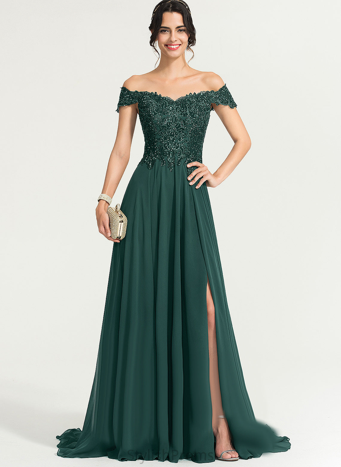 Off-the-Shoulder Chiffon Sweep Lace With Mildred A-Line Sequins Prom Dresses Train