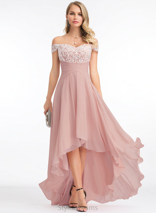 Off-the-Shoulder Asymmetrical Chiffon Prom Dresses Pleated Patti Lace With A-Line