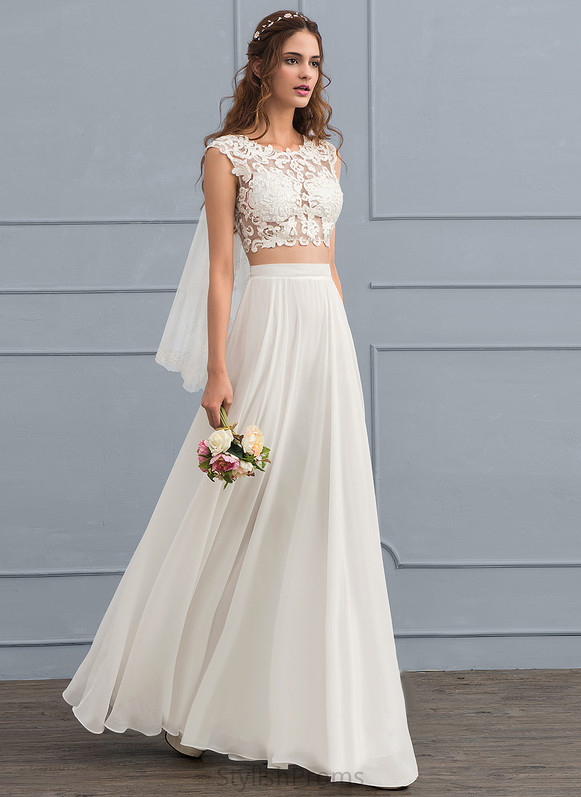 Sequins Wedding A-Line With Dress Wedding Dresses Chiffon Lace Daniela Floor-Length Beading