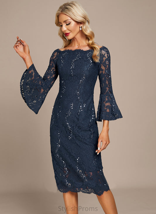 Sequins Knee-Length Emery Lace Cocktail Dresses With Off-the-Shoulder Cocktail Dress Sheath/Column