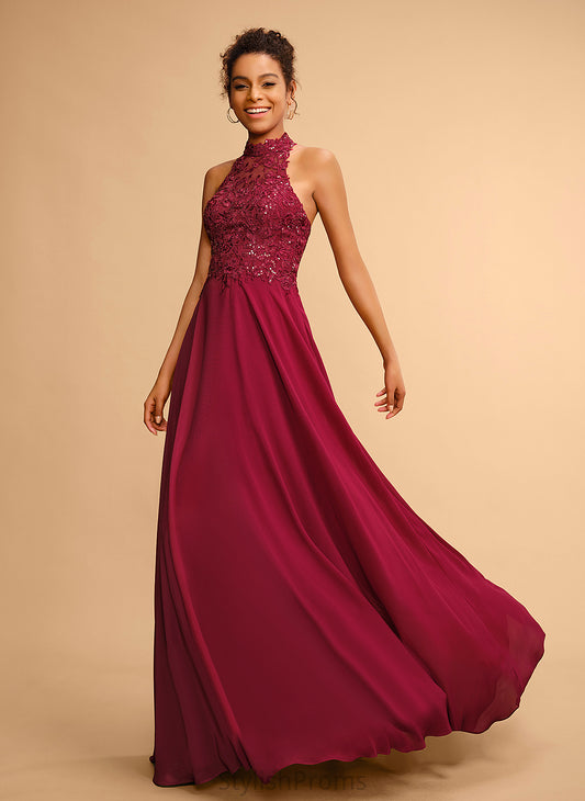 A-Line With Halter Amari Prom Dresses Chiffon Lace Floor-Length Sequins