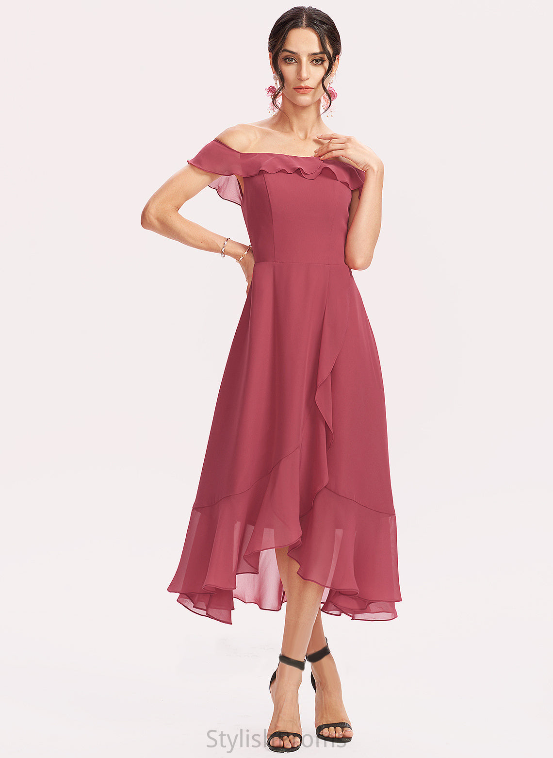 Off-the-Shoulder Dress Ruffles Cocktail Ashlynn Cocktail Dresses Tea-Length Cascading Chiffon A-Line With