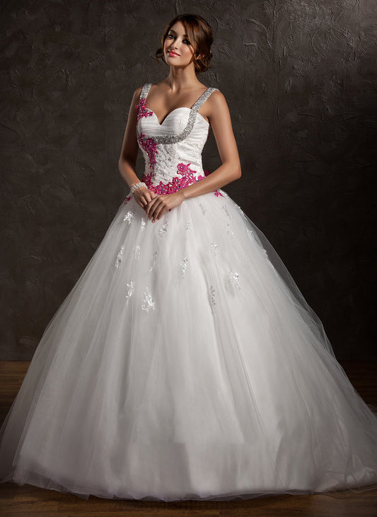 Tulle Ball-Gown/Princess Cali Ruffle Train Dress With Wedding Dresses Bow(s) Chapel Sweetheart Lace Appliques Wedding