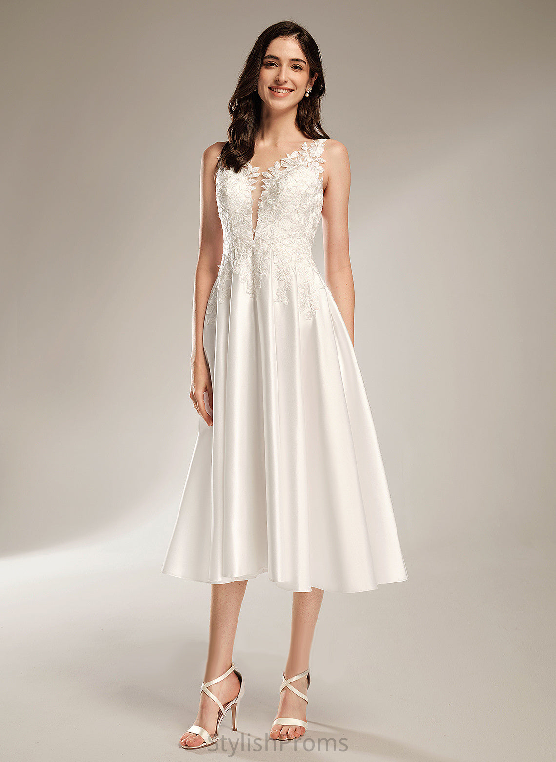 Tea-Length Satin Michaelia A-Line With Wedding Pockets Wedding Dresses Lace Dress V-neck