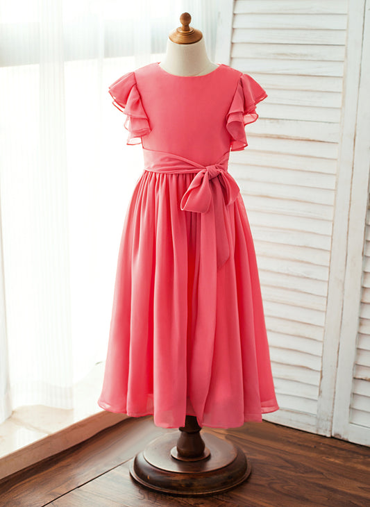 Chiffon Neck Short Girl Dress - Sash Scoop Ankle-length Mariam Flower Girl Dresses Sleeves Flower With A-Line/Princess