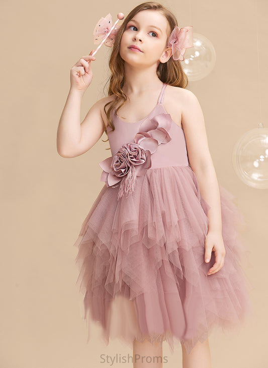 Flower Knee-length Ball-Gown/Princess Neck Feather/Flower(s) Dress With Tulle Sleeveless Flower Girl Dresses - Scalloped Girl Caitlin