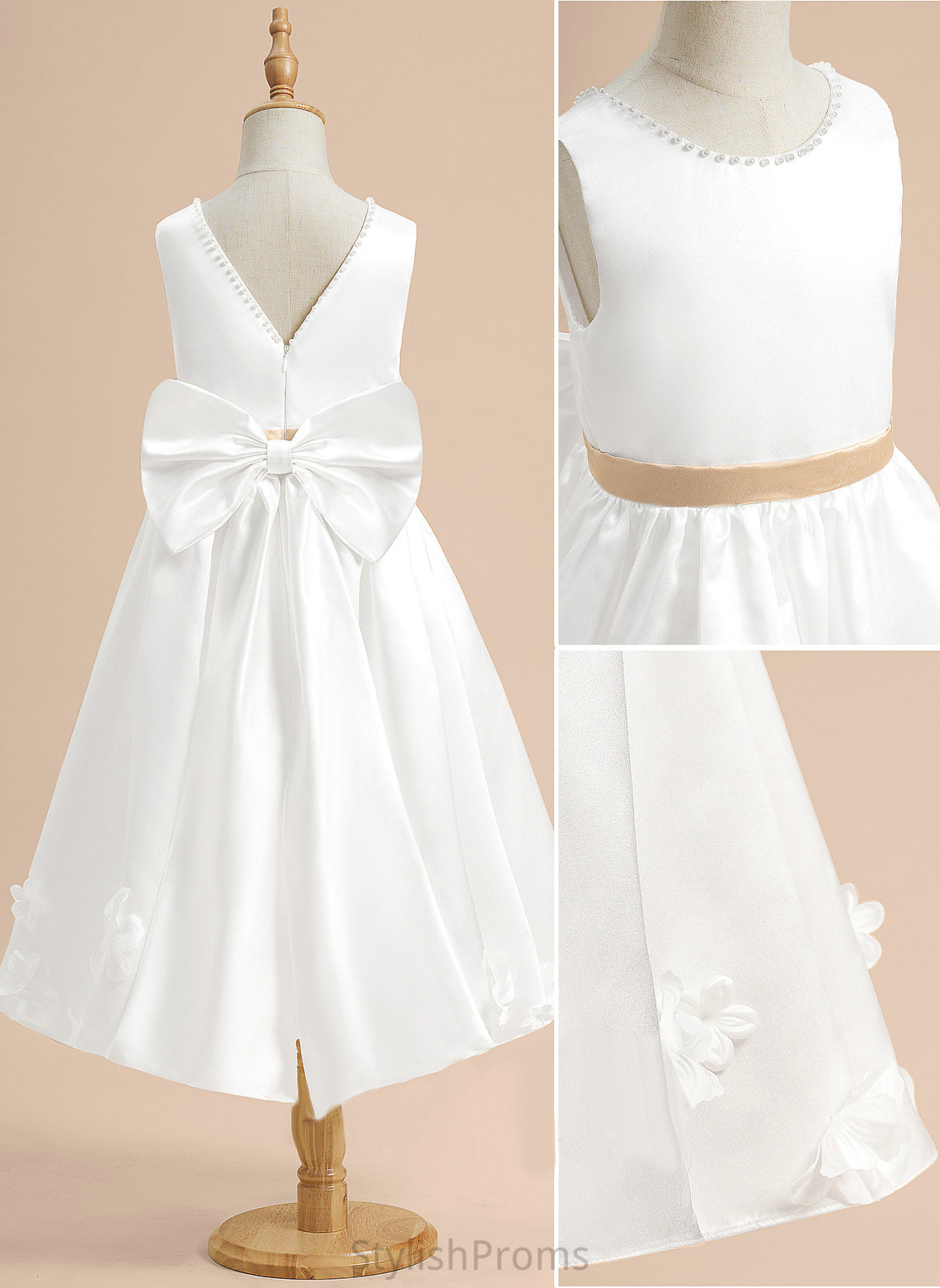 Girl Sash/Beading/Flower(s)/Bow(s) Flower Sleeveless Joyce With Flower Girl Dresses - A-Line Satin Scoop Tea-length Neck Dress