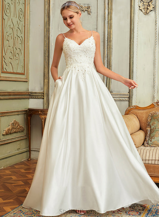 V-neck Train Satin Penelope Sweep Dress Beading Wedding Dresses Ball-Gown/Princess Sequins With Pockets Lace Lace Wedding