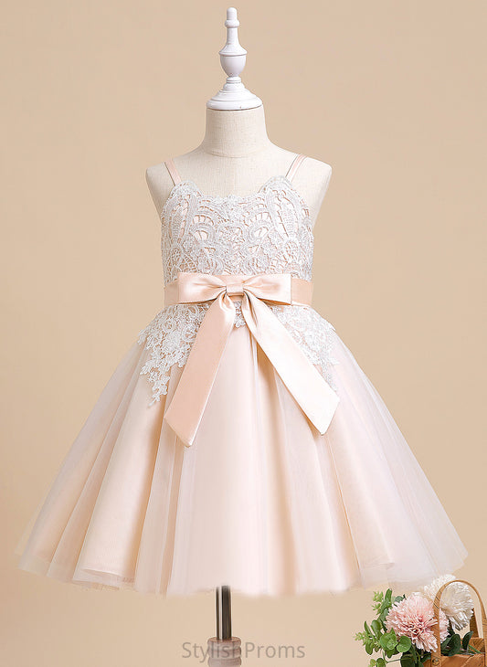 Tulle Girl - Jade With Dress Flower Bow(s) Scalloped Flower Girl Dresses A-Line Neck Knee-length Sleeveless