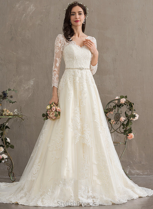 Dress Lace Wedding Dresses Train Wedding With Beading Ball-Gown/Princess V-neck Tulle Marissa Sequins Chapel